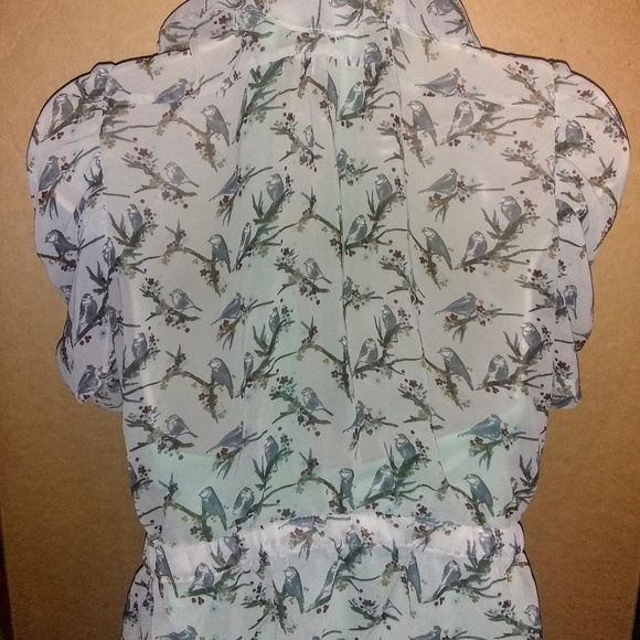H&M Sheer light blue Bird Print Ruffle puffed Blouse as 8 - Picture 4 of 6